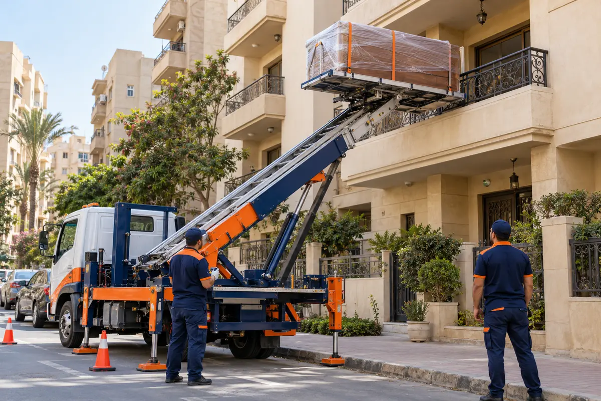 ونش هيدروليكي لرفع الأثاث إلى شرفة عقار